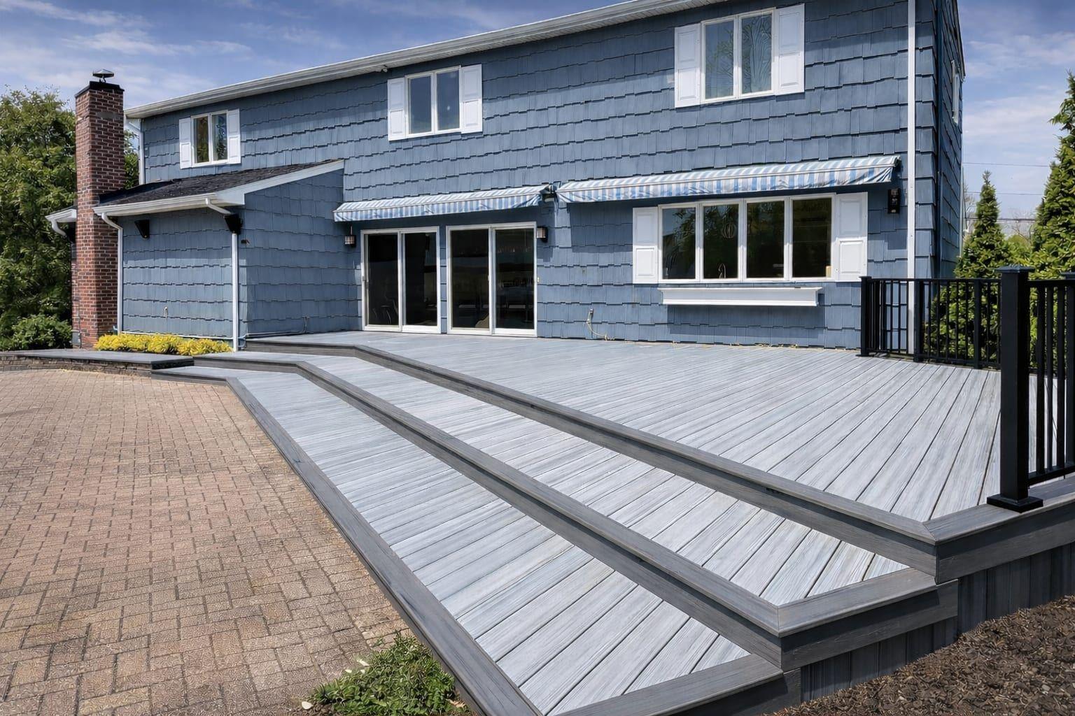 Multi-level composite deck with stepped design attached to a residential home in the San Francisco Bay Area