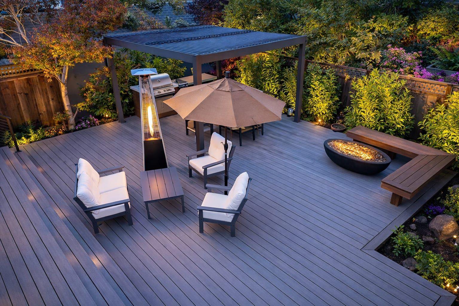 Composite entertainer's deck with built-in fire pit — Bay Area installation