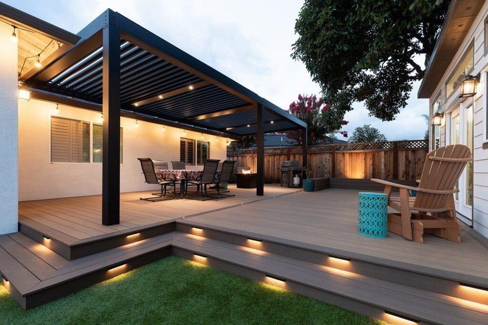 Composite deck with pergola and LED lighting — Bay Area deck build by Gadget Construction