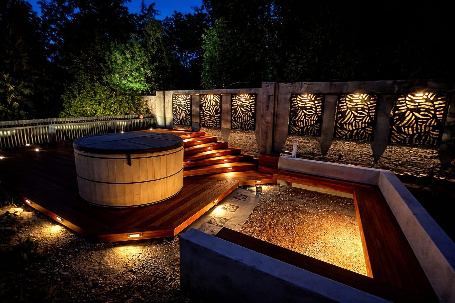Composite spa deck with hot tub and privacy screens built in the San Francisco Bay Area