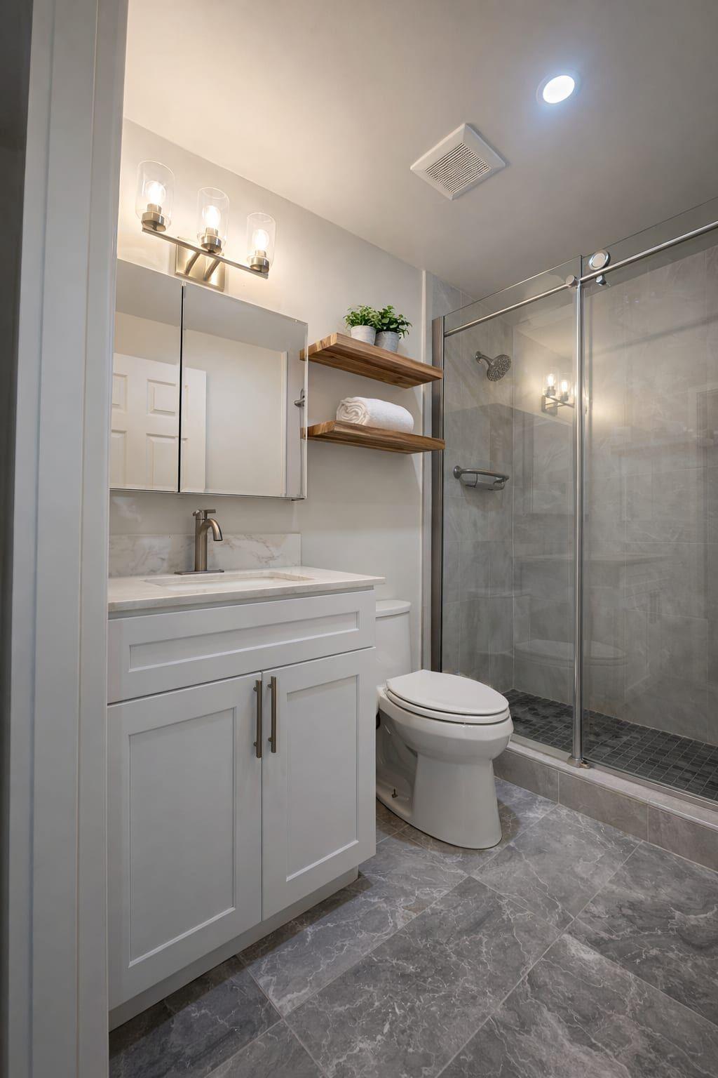Modern Bathroom Remodel — Marble Tile & Glass Shower — Complete Remodel project in Bay Area by Gadget Construction