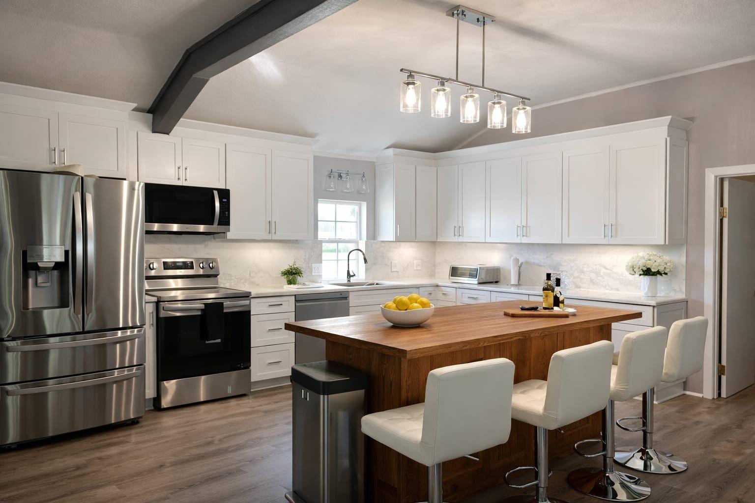 Open-Concept Kitchen — Butcher Block Island & Exposed Beams — Complete Remodel project in Bay Area by Gadget Construction