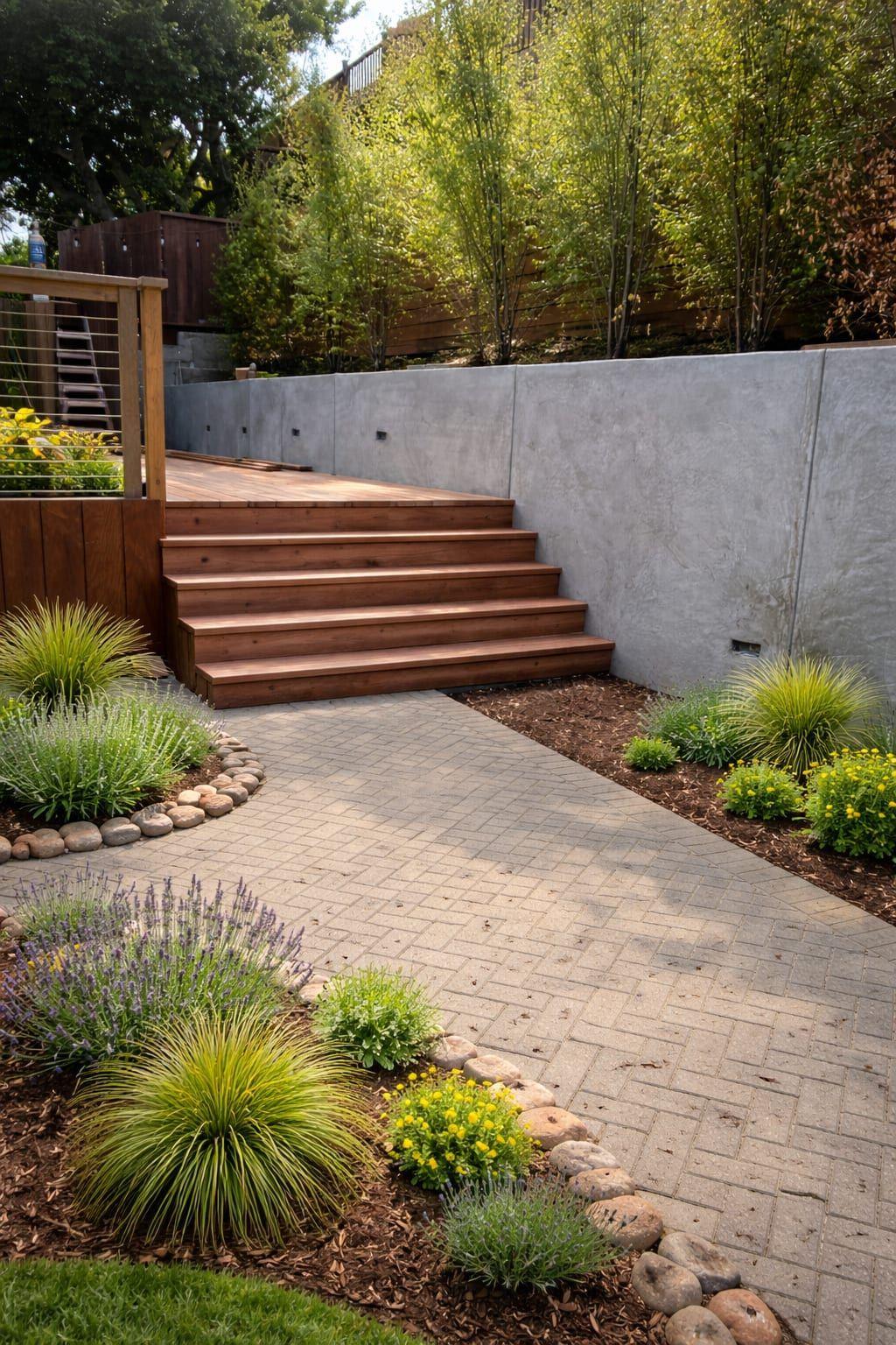 Concrete Retaining Wall with Redwood Staircase — Retaining Walls project in Twin Peaks, San Francisco by Gadget Construction