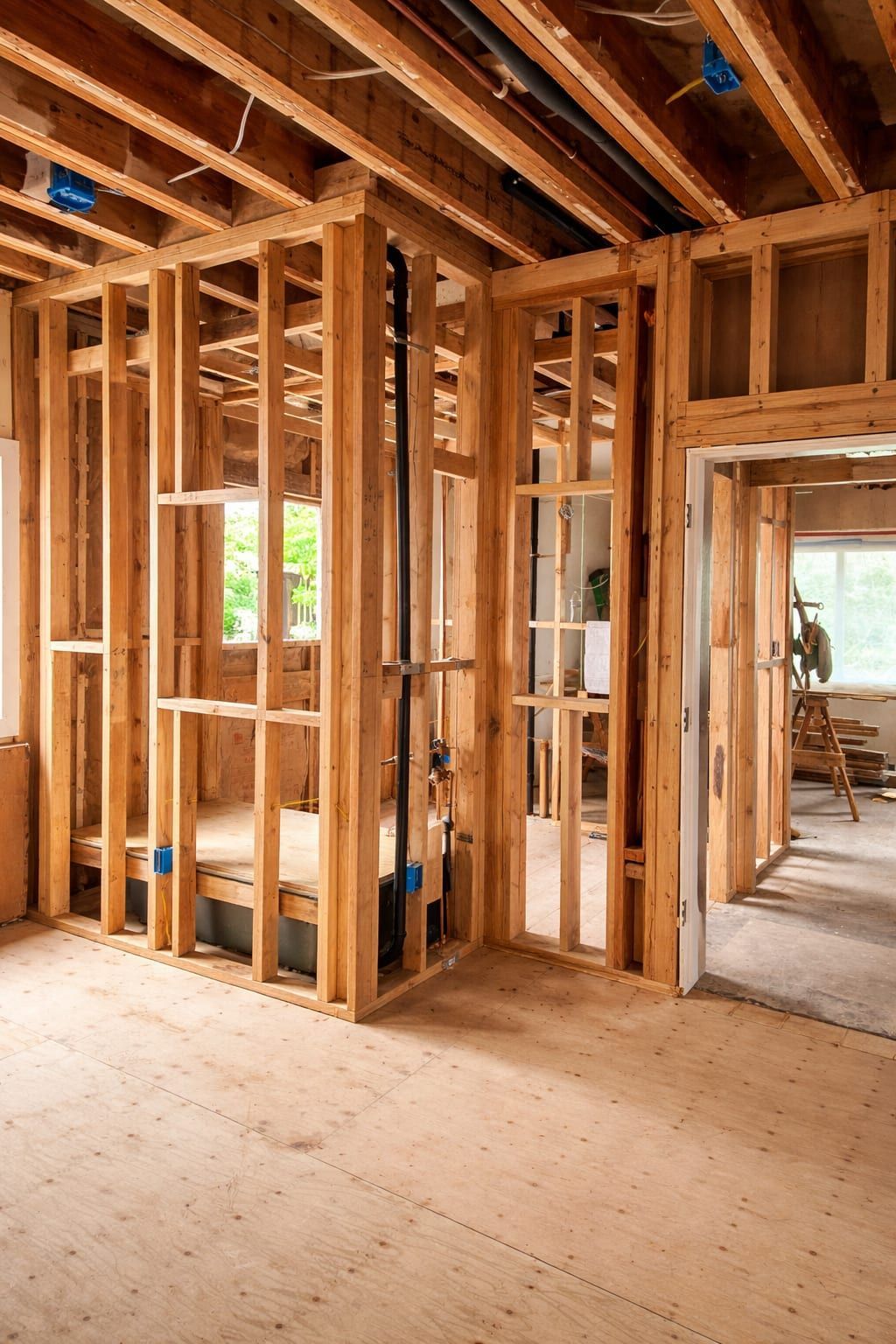 Wood framing and electrical rough-in during ADU construction in the San Francisco Bay Area