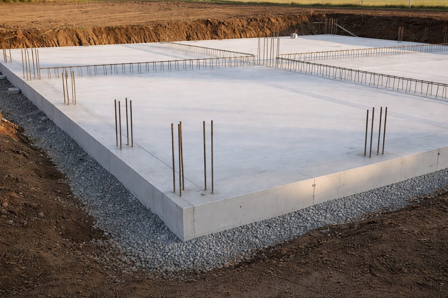 Freshly poured concrete foundation slab with rebar uprights and gravel base on a Bay Area job site